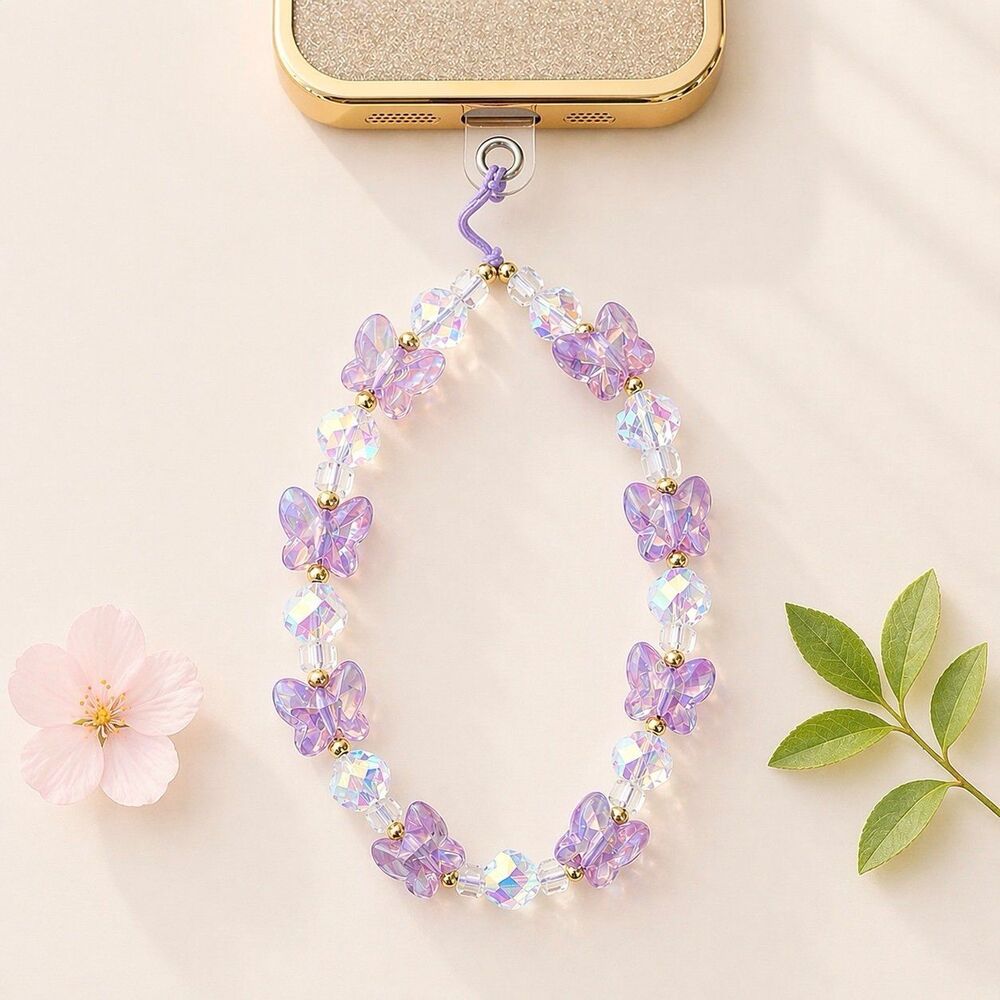 Iridescent Beaded Phone Wrist Strap Butterfly Crystal Cute Aesthetic Wristlet
